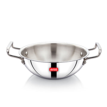 AVIAS AVI3 Triply Kadai, 20 cm Stainless Steel Kadhai without Lid, 3 Layer, Steel Casted Handles, Flat Bottom Kadhai with Induction Base, 2.5 Mm Thickness, 1.5 Litre Capacity